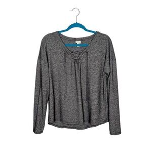 A New Day Charcoal Heather Gray Lace Up Neckline Blouse